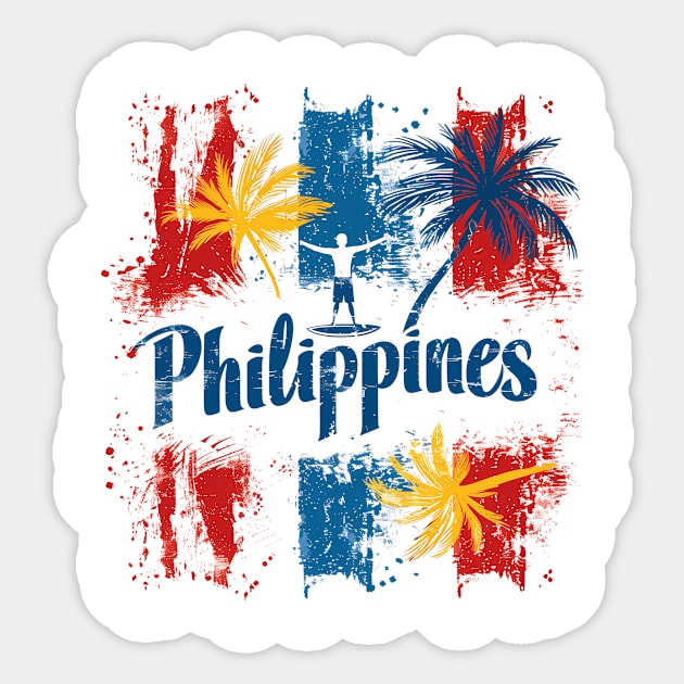 Philippines Vibes - Colourful palm trees and surfer Sticker by MLArtifex